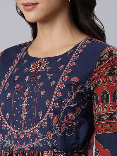 Neerus Navy Blue Panelled Printed Kurta And Trousers With Dupatta