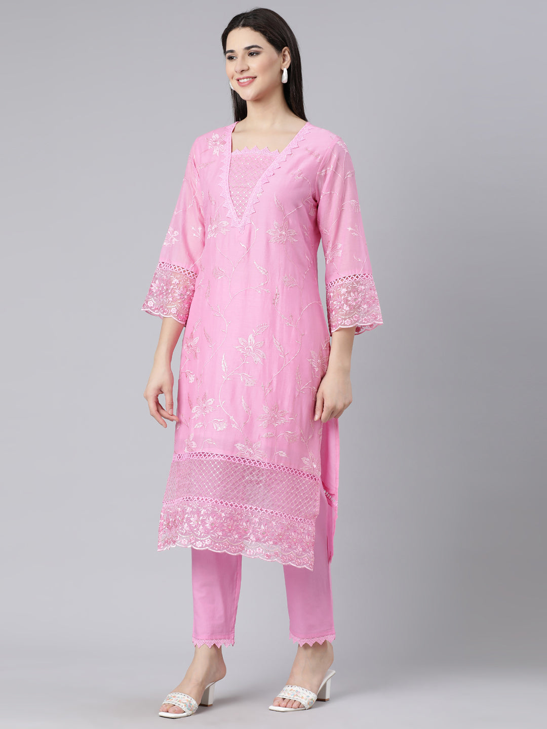 Neerus Pink Panelled Straight Yoke Design Kurta And Trousers With Dupatta