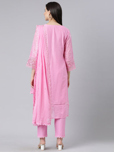 Neerus Pink Panelled Straight Yoke Design Kurta And Trousers With Dupatta