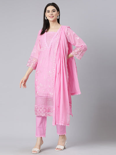 Neerus Pink Panelled Straight Yoke Design Kurta And Trousers With Dupatta