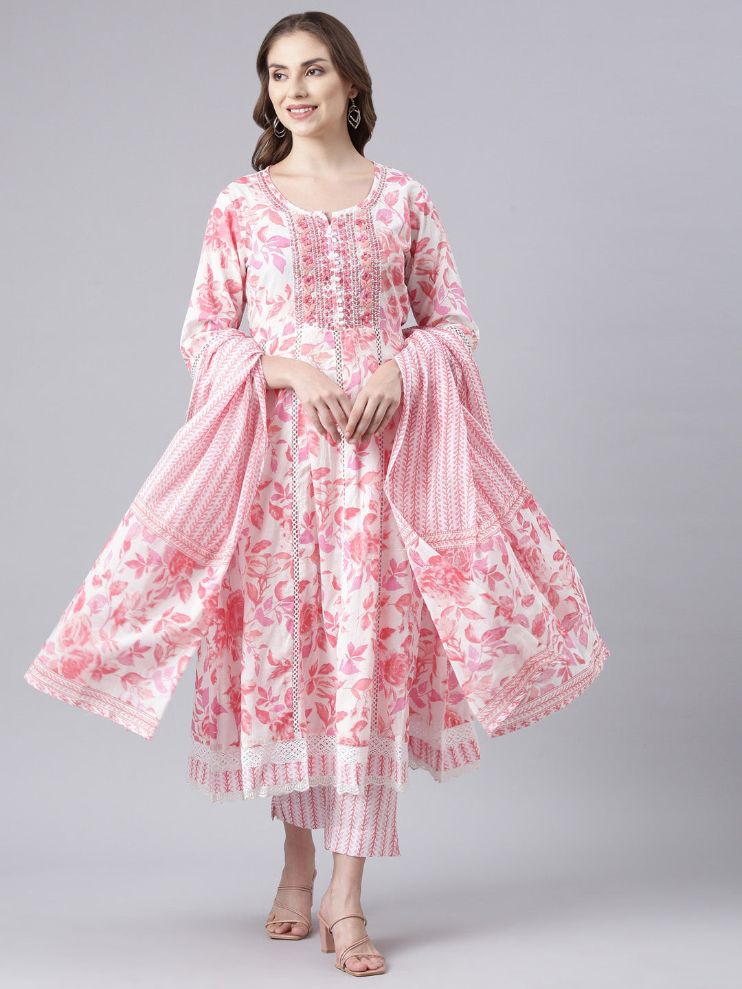 Neerus Pink Panelled Yoke Design Kurta And Trousers With Dupatta