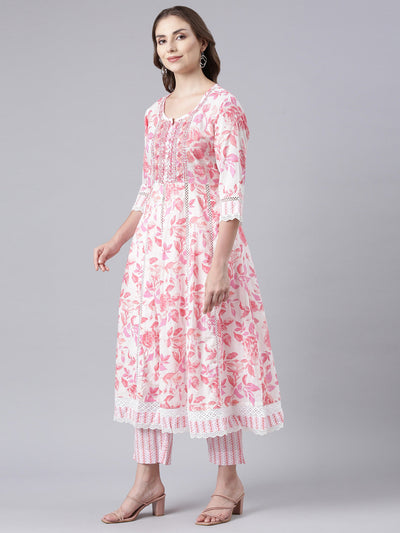 Neerus Pink Panelled Yoke Design Kurta And Trousers With Dupatta