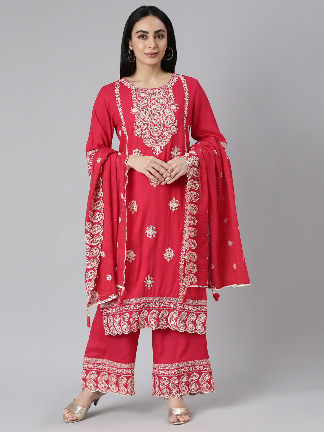 Neerus Red Tiered Straight Yoke Design Kurta and Palazzos With Dupatta