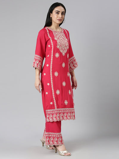 Neerus Red Tiered Straight Yoke Design Kurta and Palazzos With Dupatta