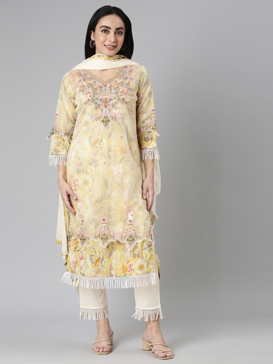 Neerus Yellow Regular Straight Printed Kurta and Trousers With Dupatta