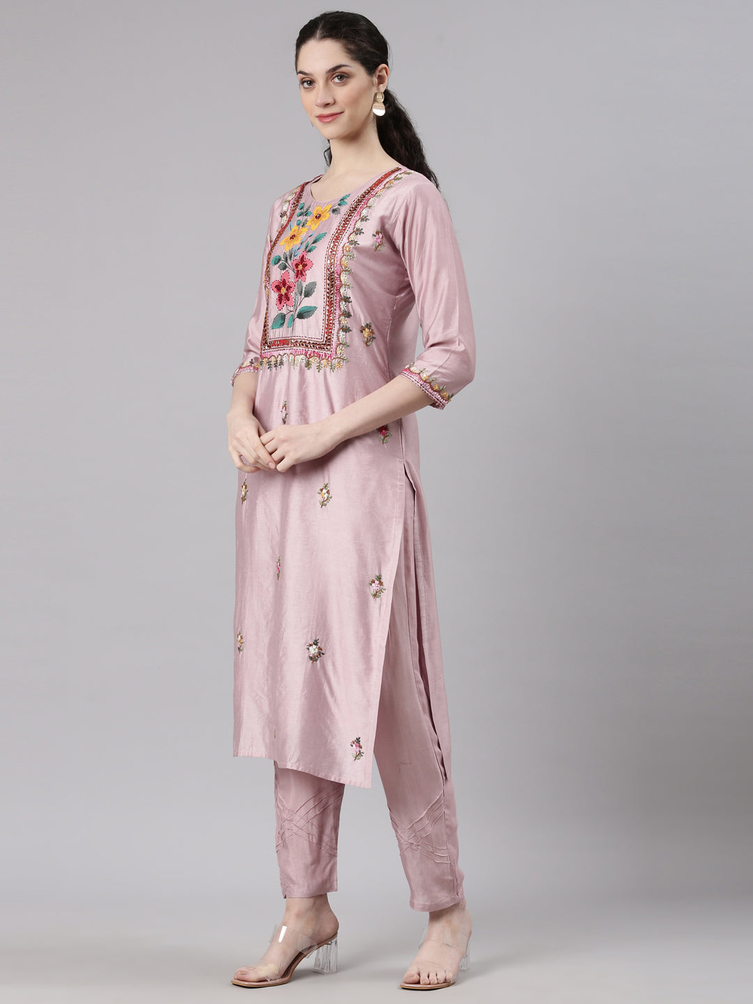 Neerus Red Straight Casual Solid Kurta and Trouser with Dupatta