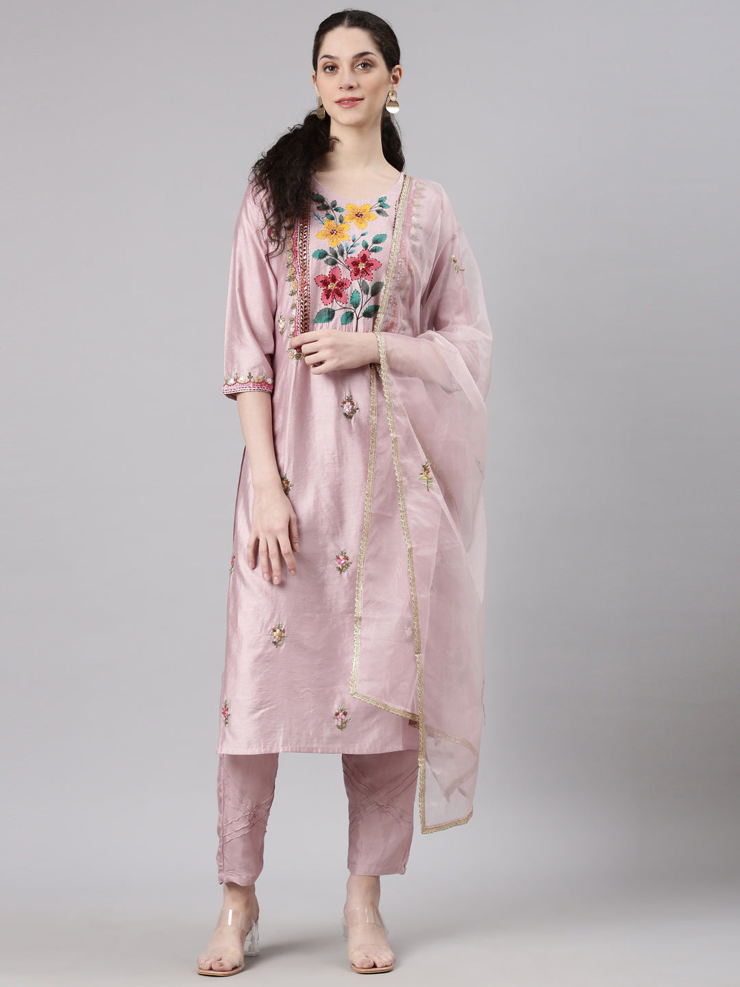 Neerus Red Straight Casual Solid Kurta and Trouser with Dupatta