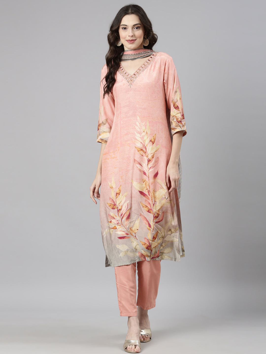 Neerus Pink Casual Straight Kurta and Trousers With Dupatta