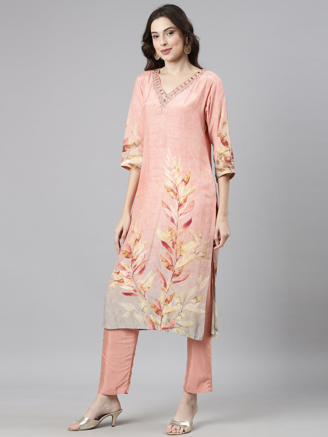 Neerus Pink Casual Straight Kurta and Trousers With Dupatta