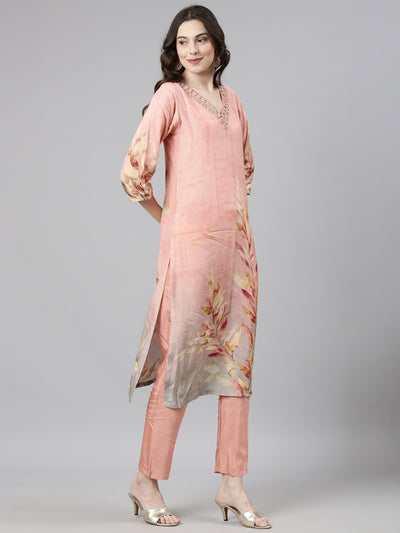 Neerus Pink Casual Straight Kurta and Trousers With Dupatta