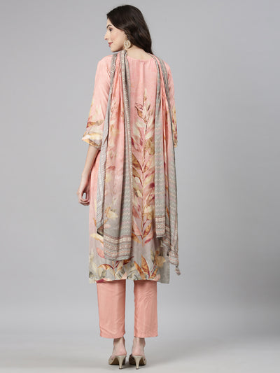 Neerus Pink Casual Straight Kurta and Trousers With Dupatta