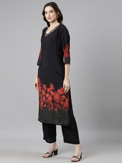 Neerus Black Casual Floral Straight Kurta and Trousers With Dupatta