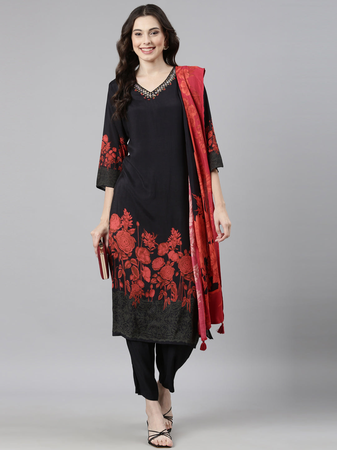 Neerus Black Casual Floral Straight Kurta and Trousers With Dupatta