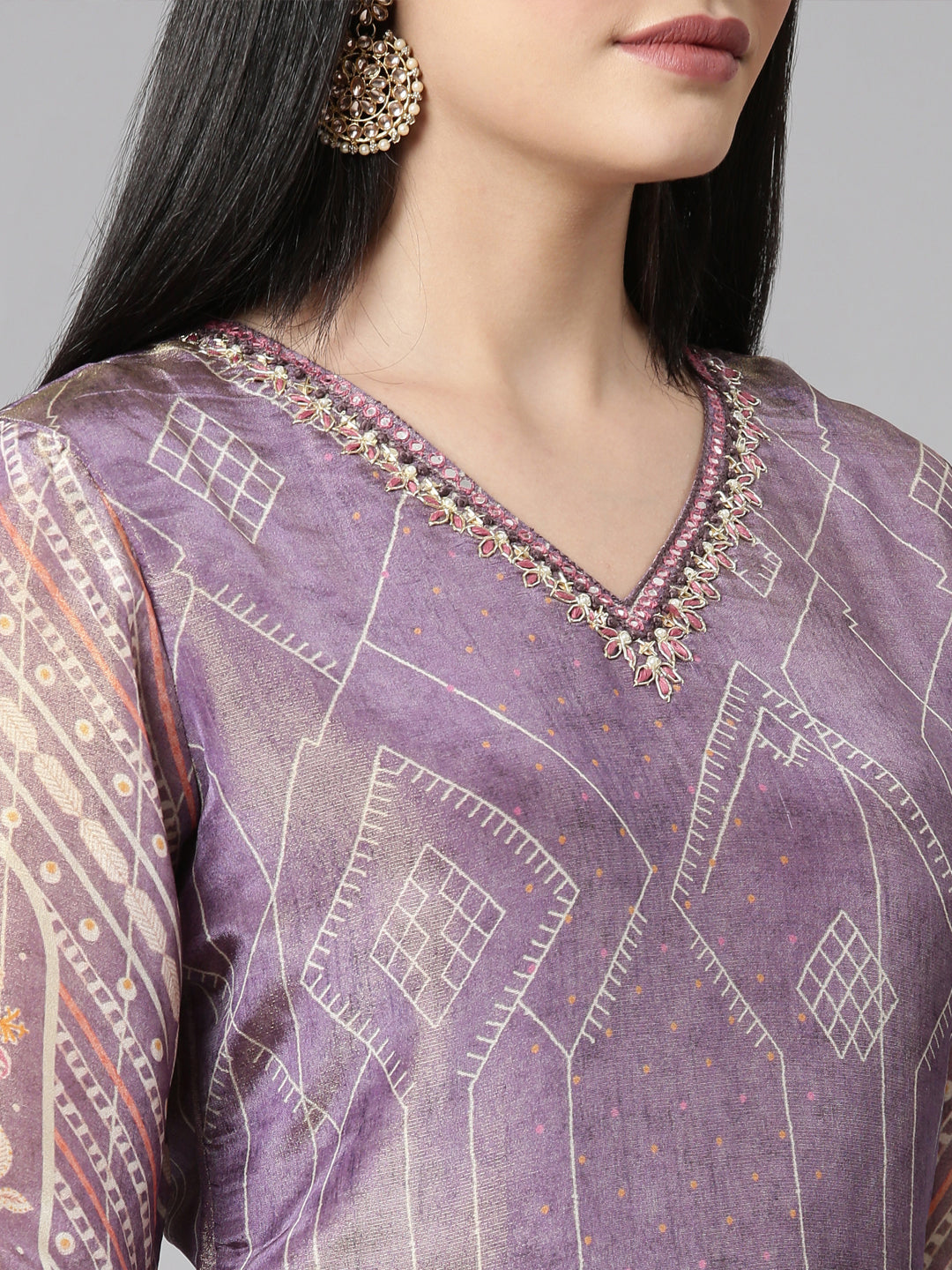 Neerus Lavender Casual Floral Straight Kurta and Trousers With Dupatta