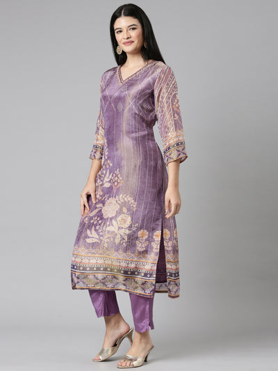 Neerus Lavender Casual Floral Straight Kurta and Trousers With Dupatta