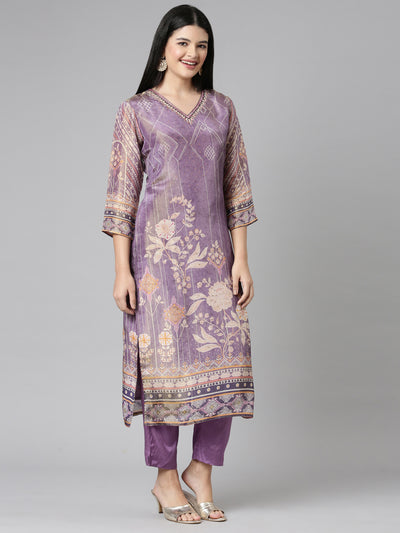 Neerus Lavender Casual Floral Straight Kurta and Trousers With Dupatta