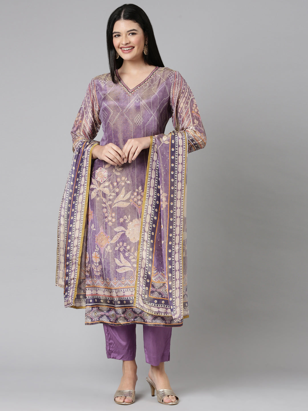 Neerus Lavender Casual Floral Straight Kurta and Trousers With Dupatta