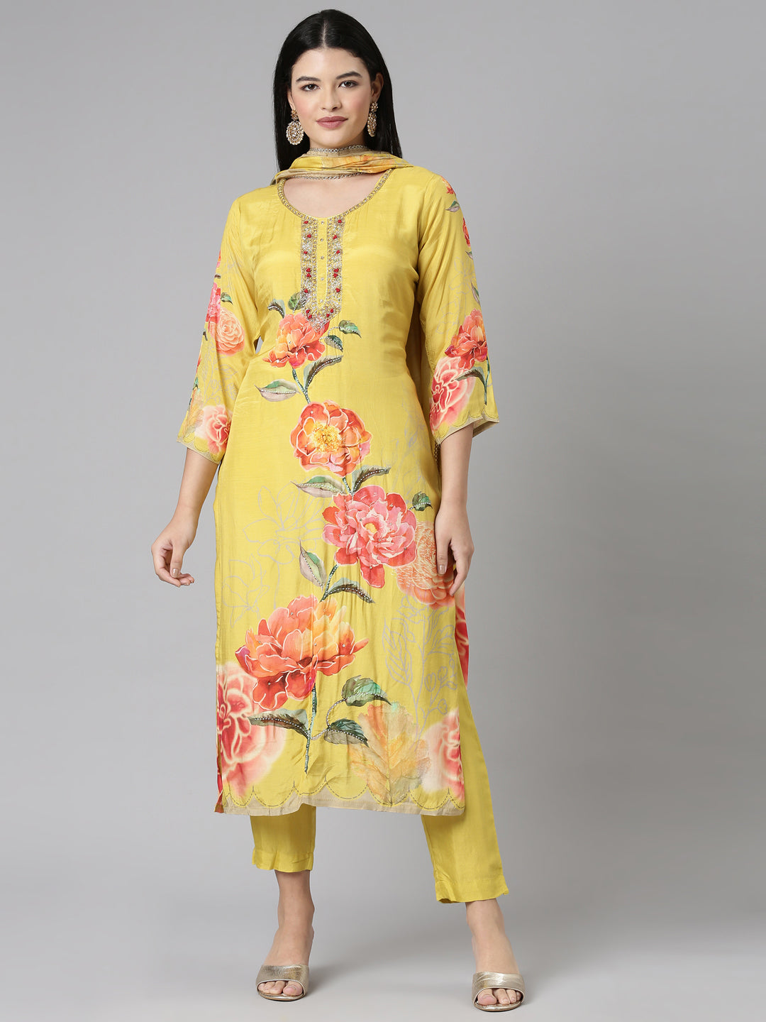 Neerus Mustard Casual Floral Straight Kurta and Trousers With Dupatta