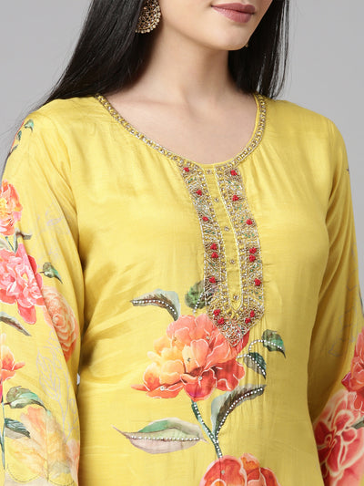 Neerus Mustard Casual Floral Straight Kurta and Trousers With Dupatta