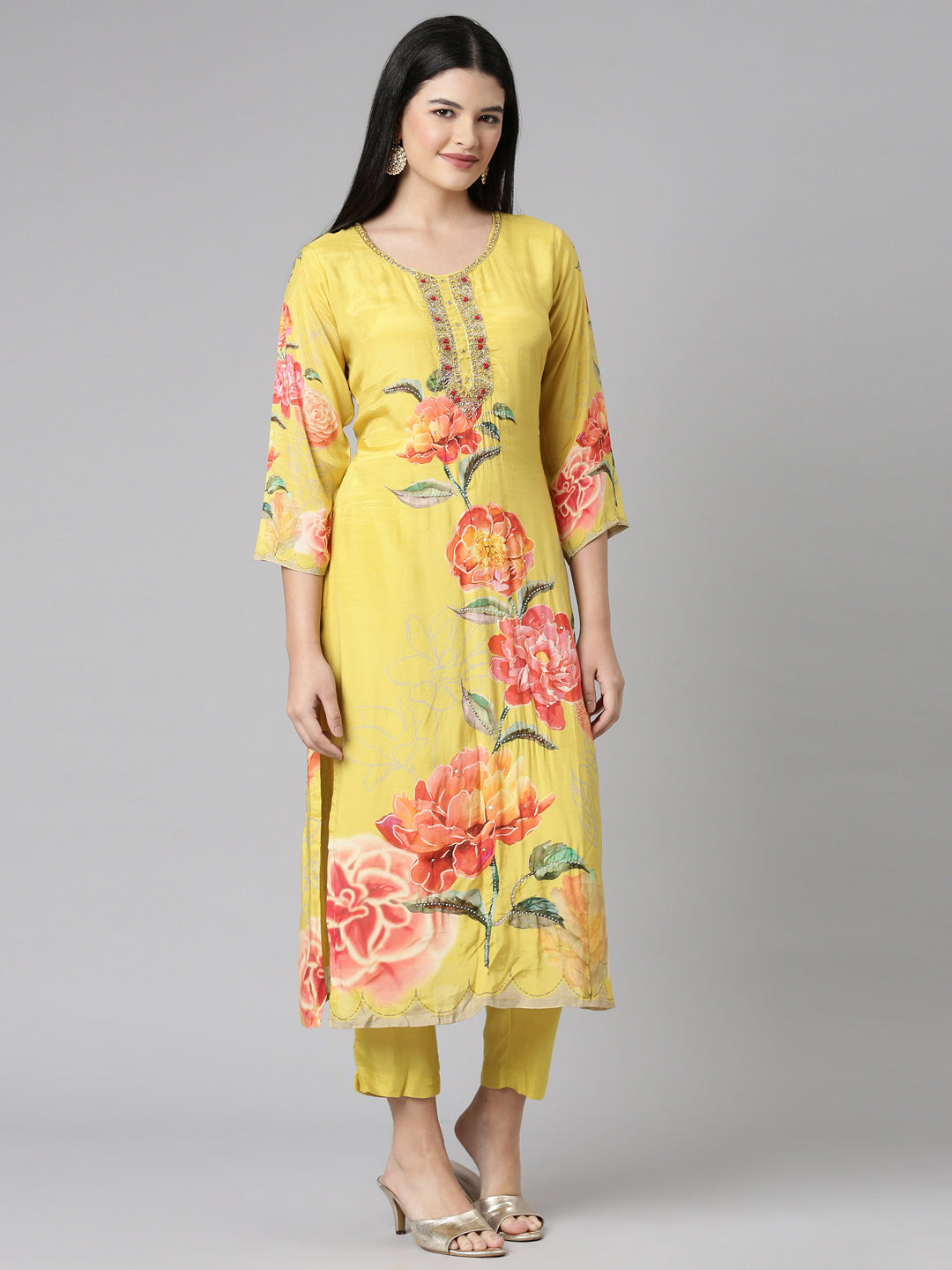 Neerus Mustard Casual Floral Straight Kurta and Trousers With Dupatta