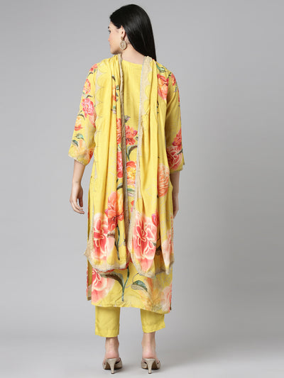 Neerus Mustard Casual Floral Straight Kurta and Trousers With Dupatta