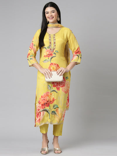 Neerus Mustard Casual Floral Straight Kurta and Trousers With Dupatta