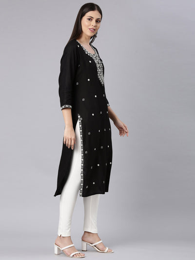 Neerus Black Straight Casual Solid Straight Kurtas