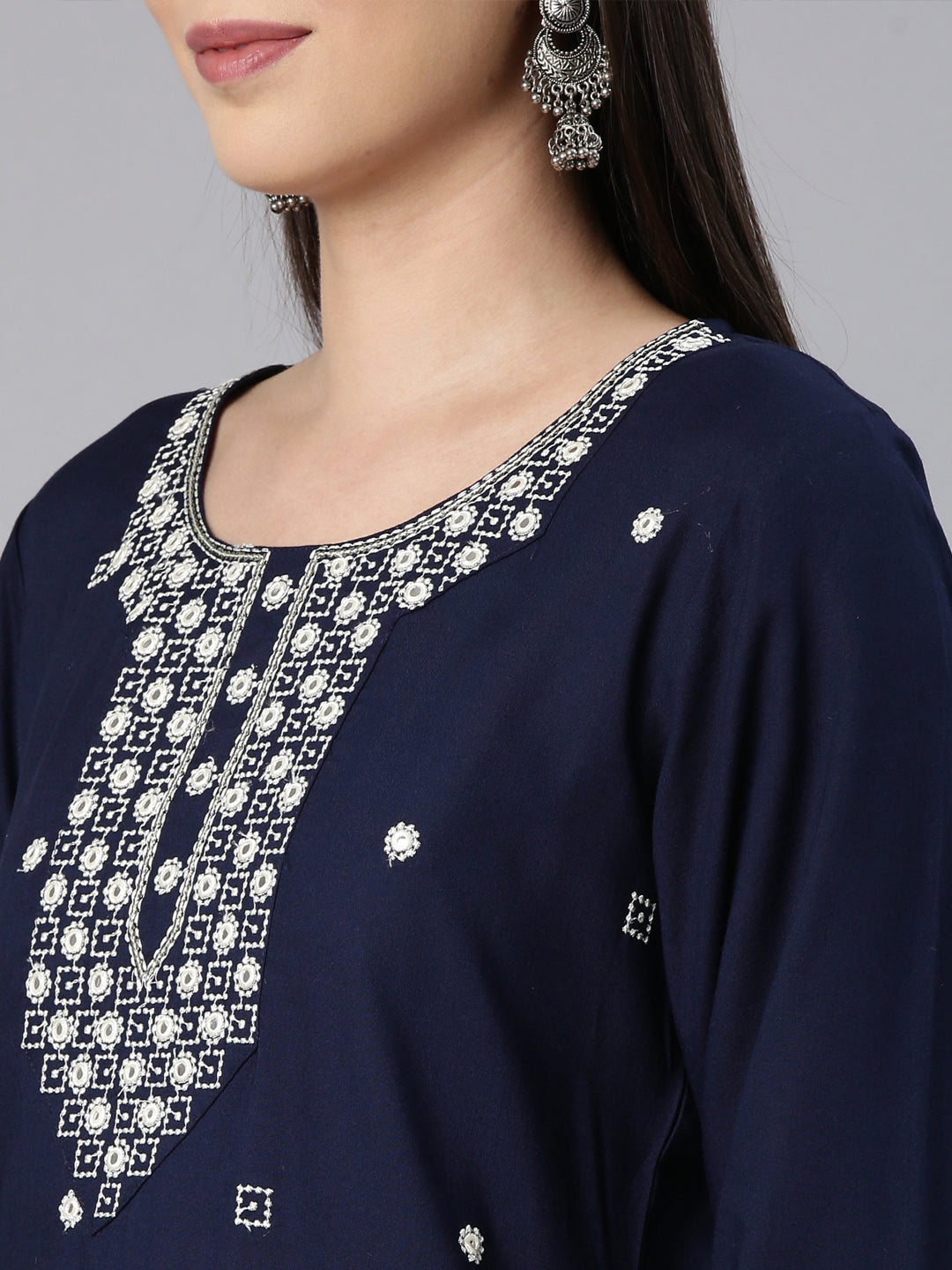 Neerus Navy Blue Straight Casual Solid Straight Kurtas