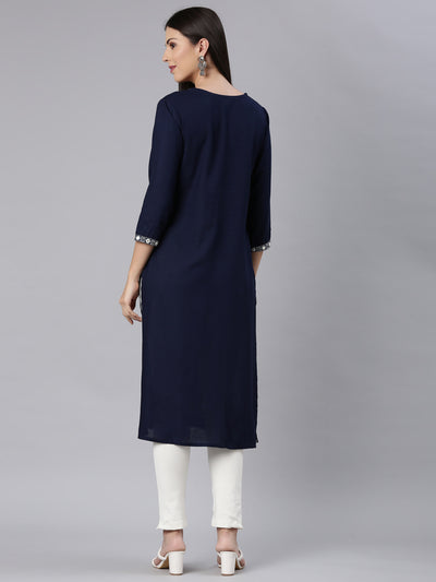 Neerus Navy Blue Straight Casual Solid Straight Kurtas