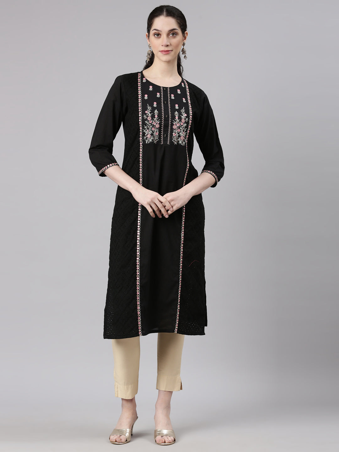 Neerus Black Straight Casual Embellished Kurtas