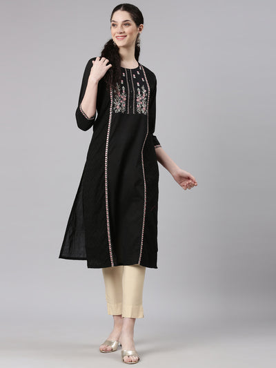 Neerus Black Straight Casual Embellished Kurtas