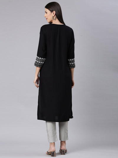 Neerus Black Straight Casual Solid Straight Kurtas