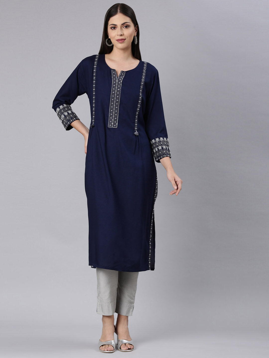 Neerus Navy Blue Straight Casual Solid Straight Kurtas