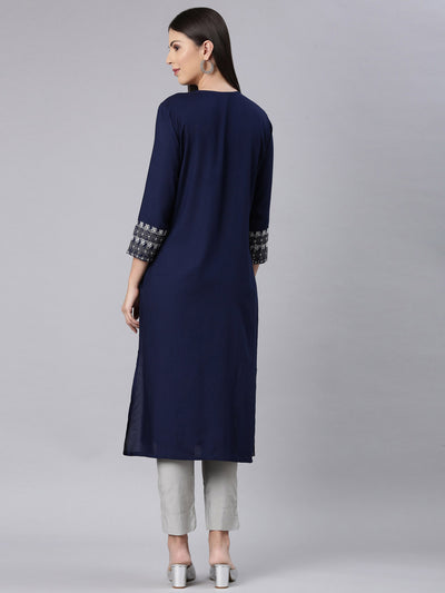 Neerus Navy Blue Straight Casual Solid Straight Kurtas