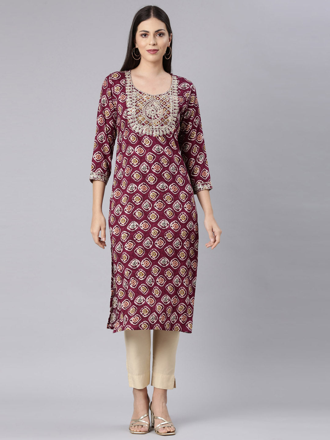 Neerus Purple Straight Casual Embellished Straight Kurtas