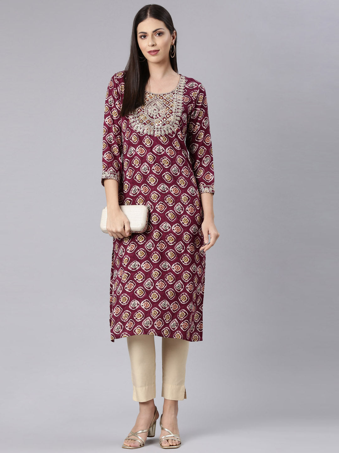 Neerus Purple Straight Casual Embellished Straight Kurtas