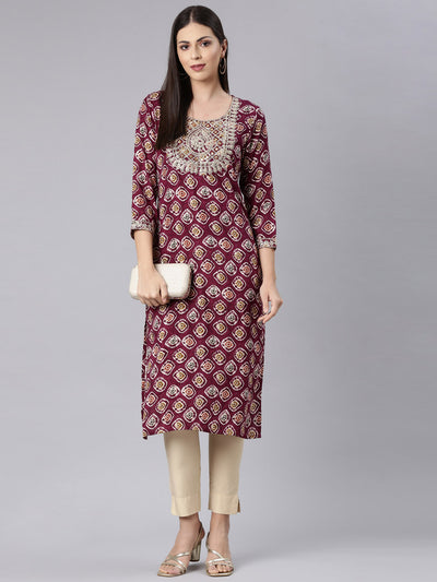 Neerus Purple Straight Casual Embellished Straight Kurtas