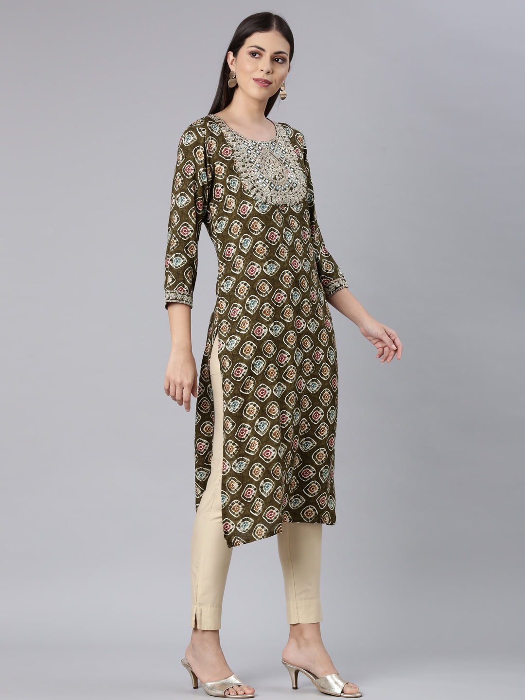 Neerus Green Straight Casual Embellished Straight Kurtas