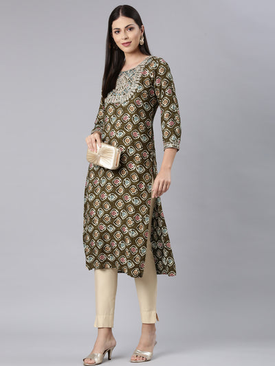 Neerus Green Straight Casual Embellished Straight Kurtas