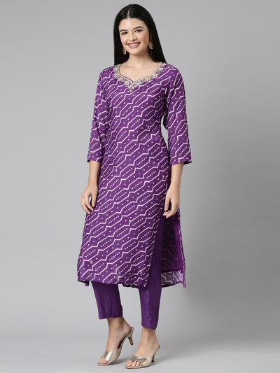 Neerus Purple Casual Geometric Straight Kurta and Trousers With Dupatta