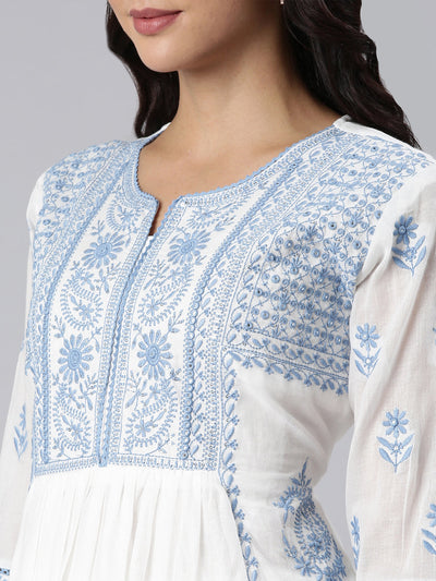 Neerus Blue Panelled Yoke Design Kurta And Trousers With Dupatta