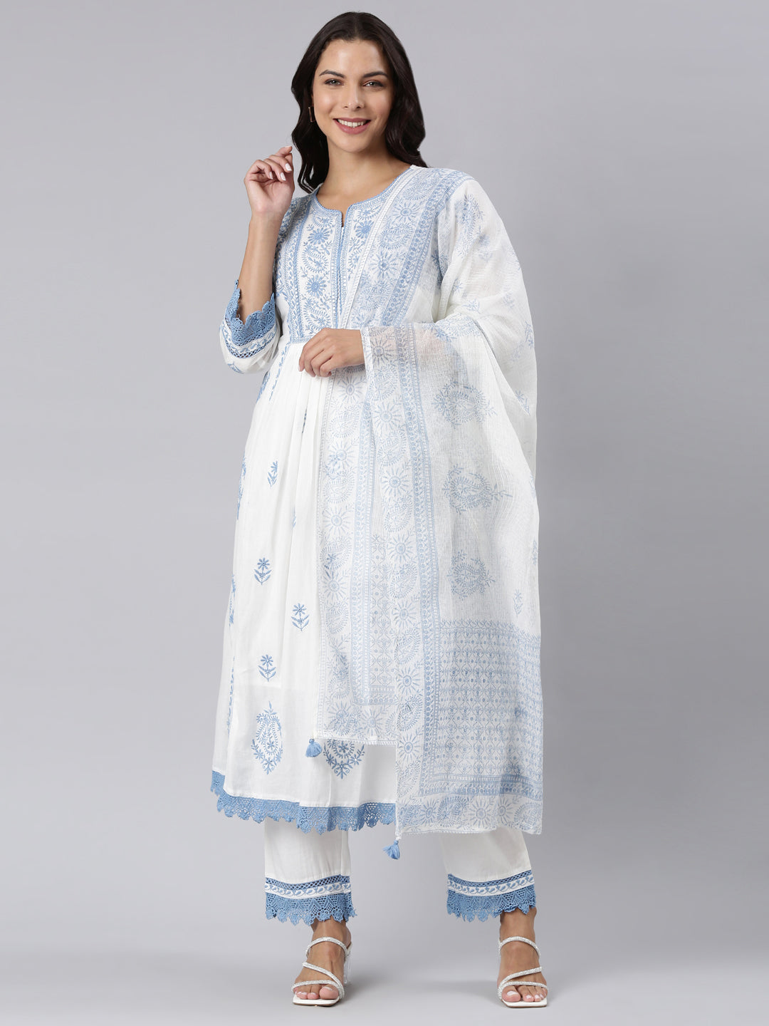 Neerus Blue Panelled Yoke Design Kurta And Trousers With Dupatta