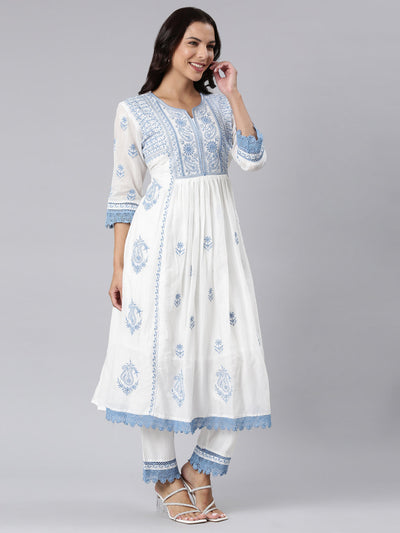 Neerus Blue Panelled Yoke Design Kurta And Trousers With Dupatta