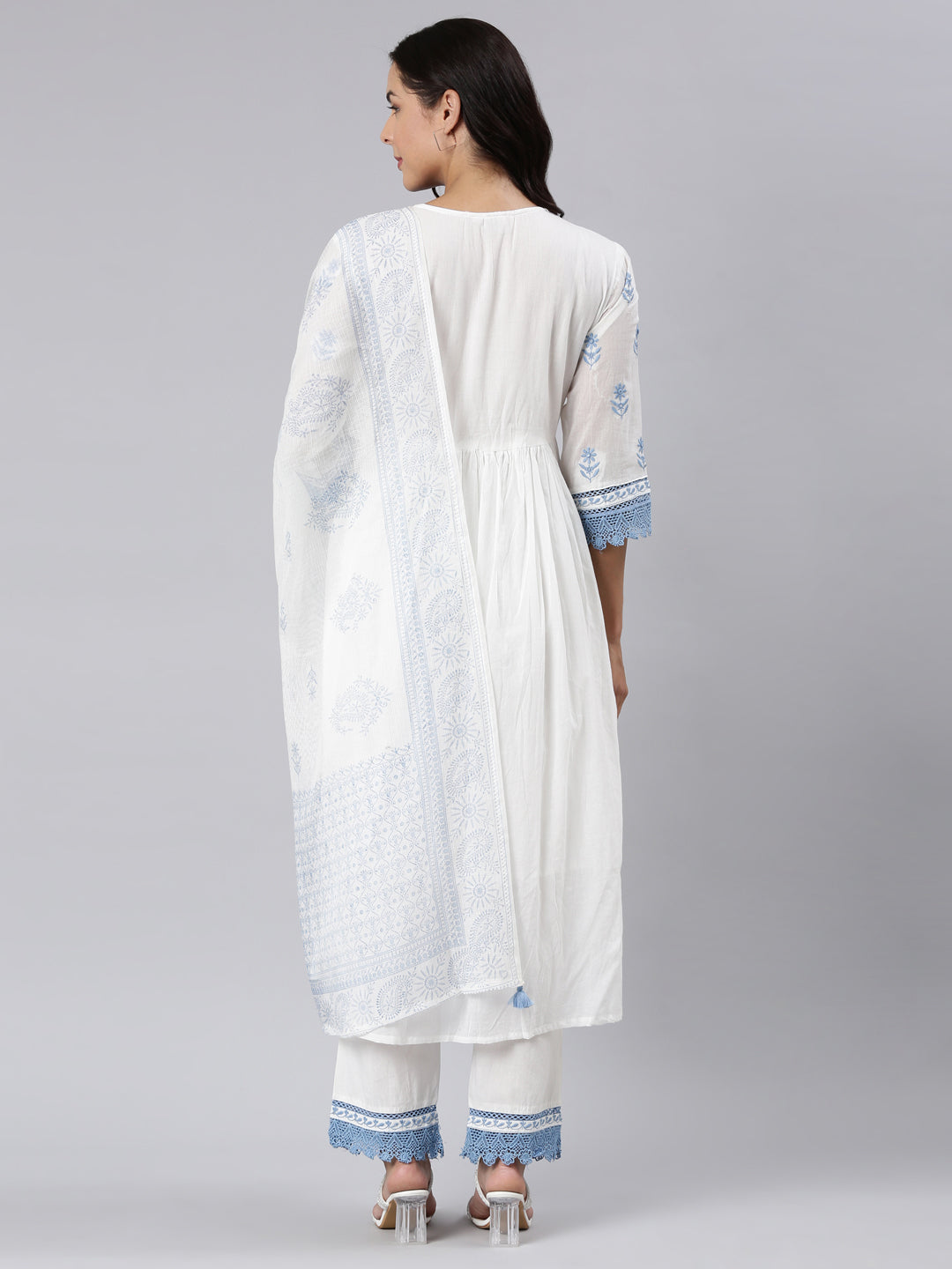 Neerus Blue Panelled Yoke Design Kurta And Trousers With Dupatta