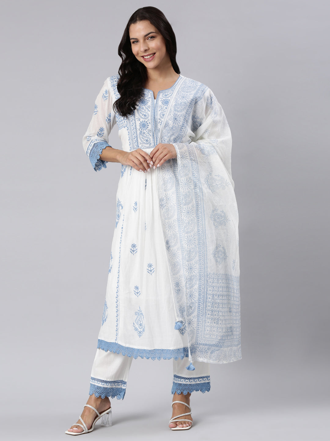 Neerus Blue Panelled Yoke Design Kurta And Trousers With Dupatta