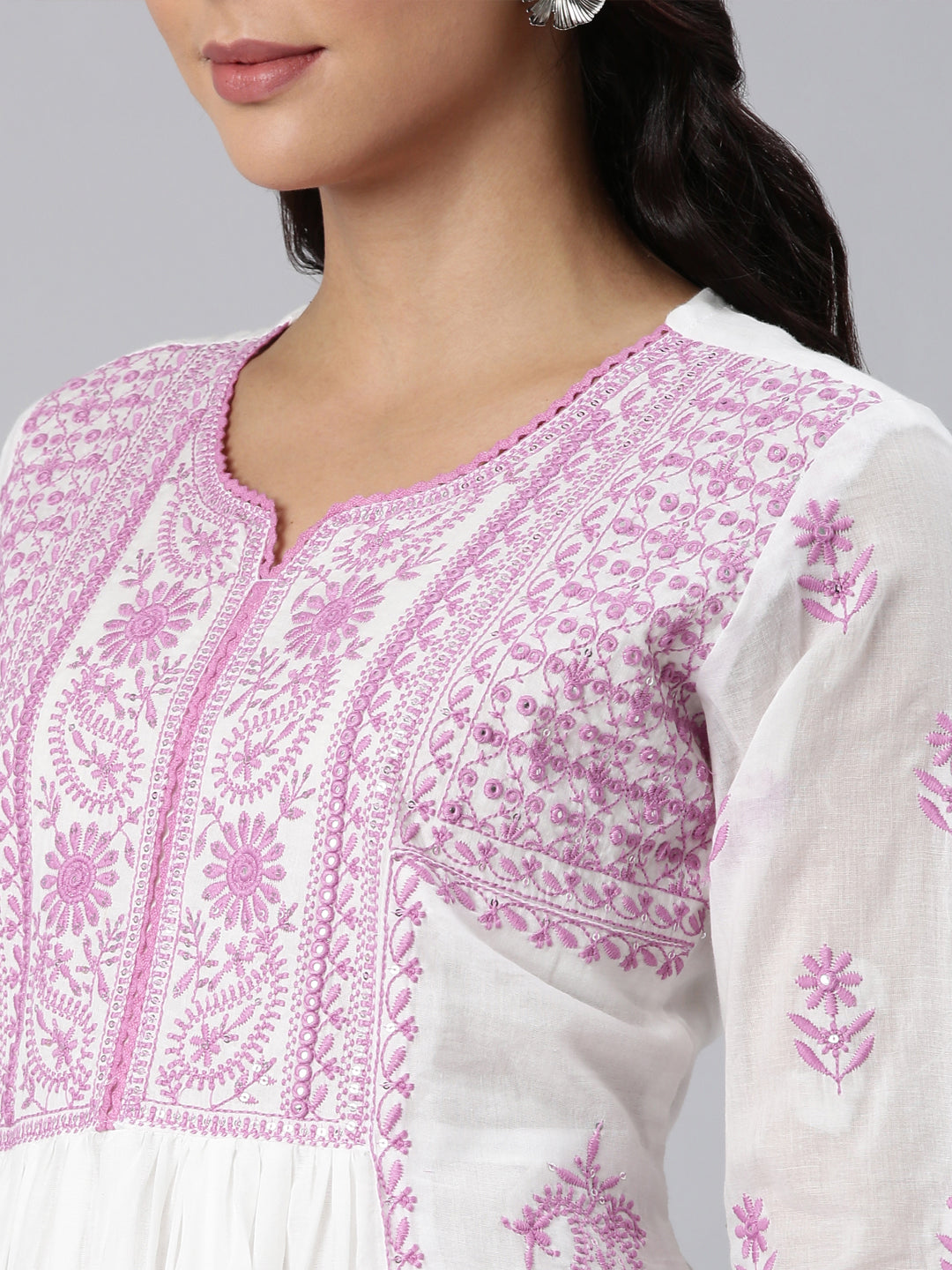 Neerus Lavender Panelled Straight Yoke Design Kurta And Trousers With Dupatta