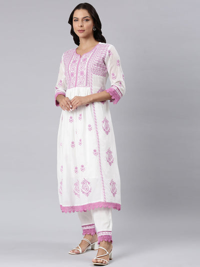 Neerus Lavender Panelled Straight Yoke Design Kurta And Trousers With Dupatta