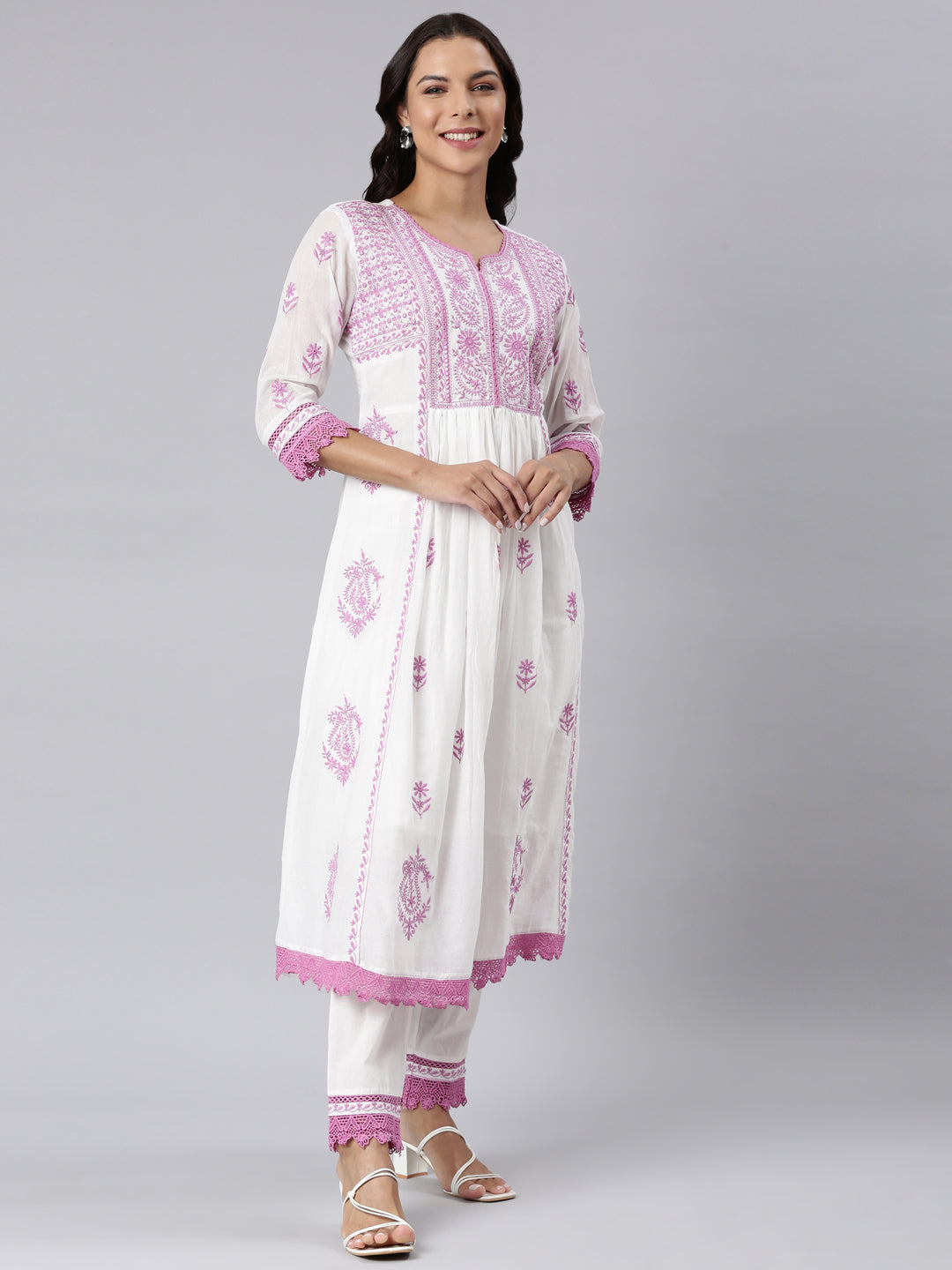 Neerus Lavender Panelled Straight Yoke Design Kurta And Trousers With Dupatta