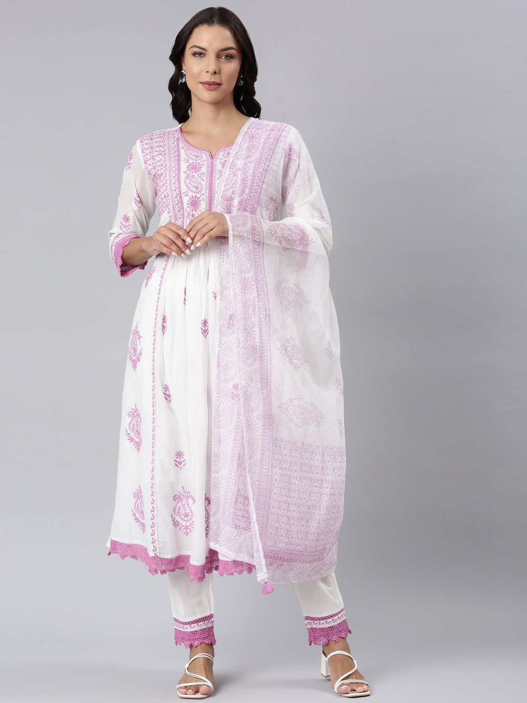 Neerus Lavender Panelled Straight Yoke Design Kurta And Trousers With Dupatta