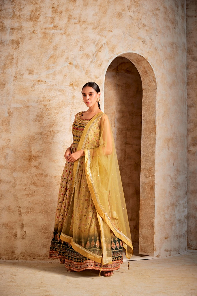 Neeru'S Lemon Color Banaras Fabric Gown